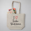 Load image into Gallery viewer, "I Love Indie Bookstores" Script With Heart Large Canvas Book Bag