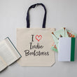 Load image into Gallery viewer, "I Love Indie Bookstores" Script With Heart Tote Bag