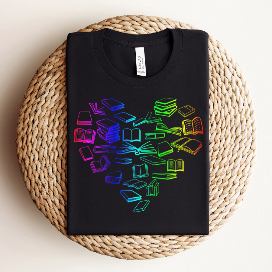 "Neon Rainbow Book Heart" T-Shirt for Book Lovers