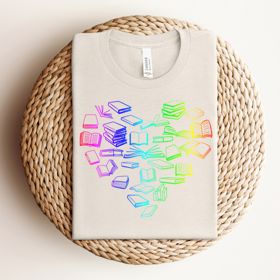 "Neon Rainbow Book Heart" T-Shirt for Book Lovers