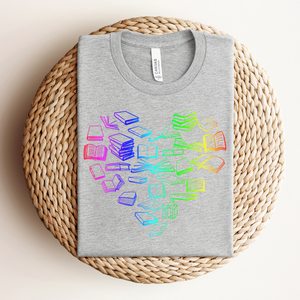 "Neon Rainbow Book Heart" T-Shirt for Book Lovers