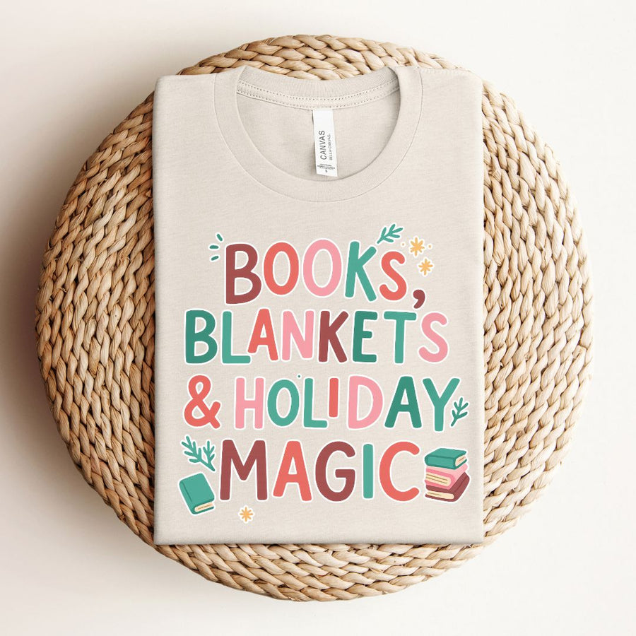 "Books, Blankets & Holiday Magic" Christmas Themed Tee