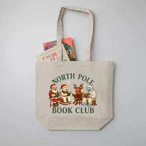 "North Pole Book Club" Christmas Characters Large Canvas Book Bag