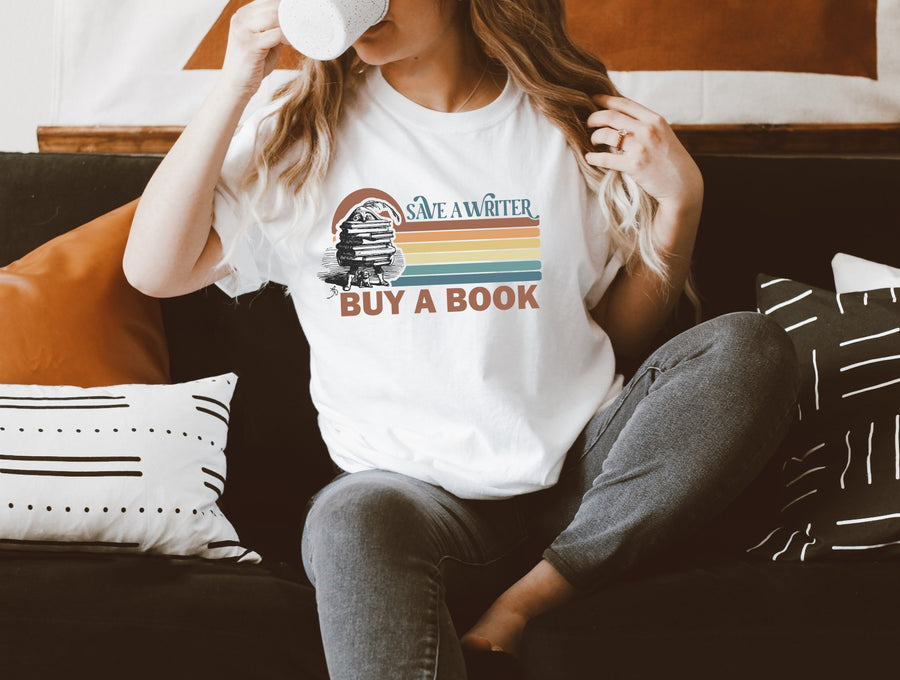 "SAVE A WRITER, BUY A BOOK" RETRO, AUTHOR APPRECIATION T-SHIRT