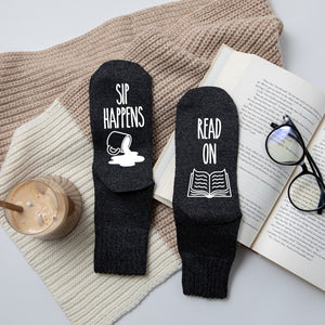 Sip Happens, Read On, Book and Coffee Lover Socks