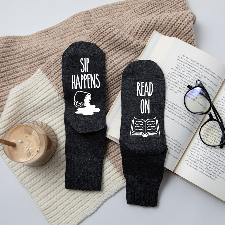 Sip Happens, Read On, Book and Coffee Lover Socks