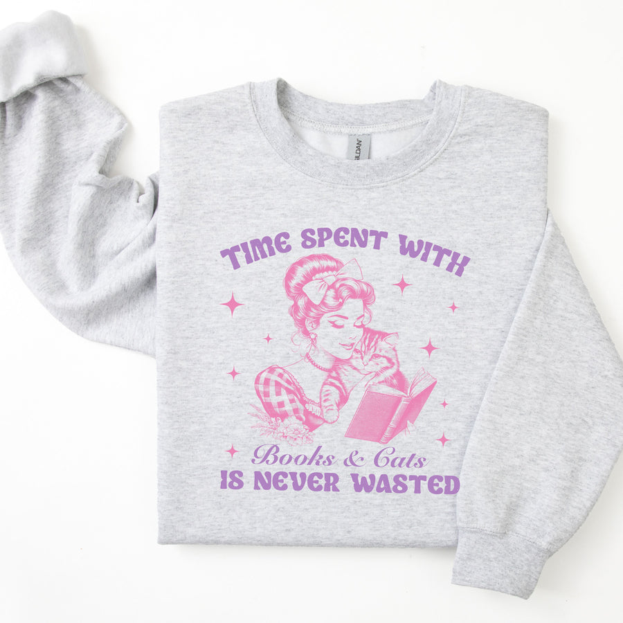 "Time Spent With Books and Cats is Never Wasted" Sweatshirt for Book Lovers