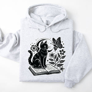 Cat and Book Reader's Halloween Ash Gray Hooded Sweatshirt