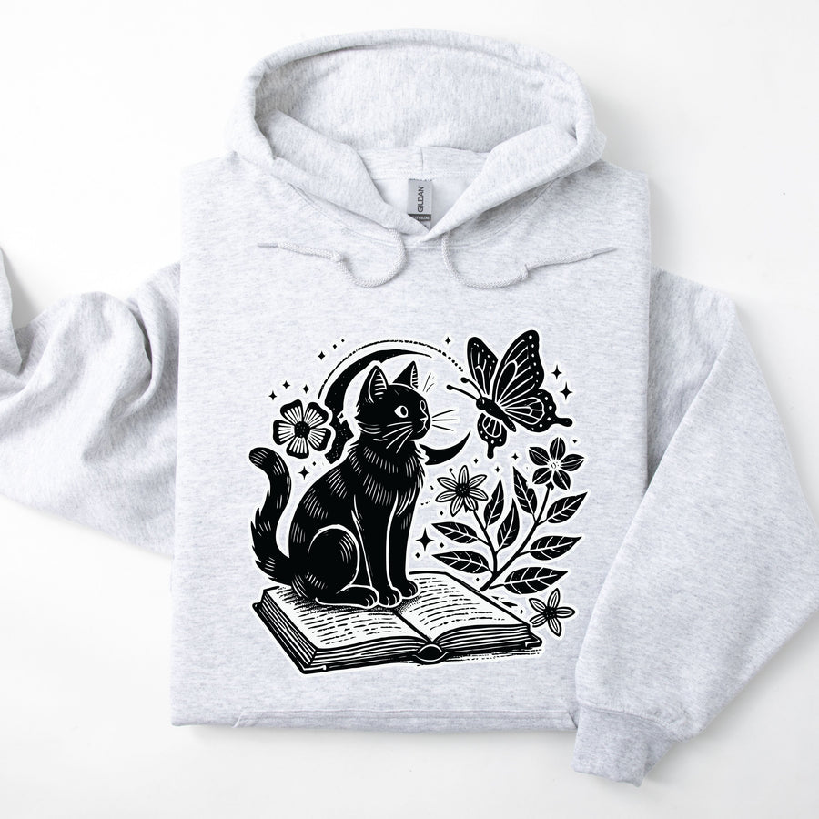 Cat and Book Reader's Halloween Ash Gray Hooded Sweatshirt