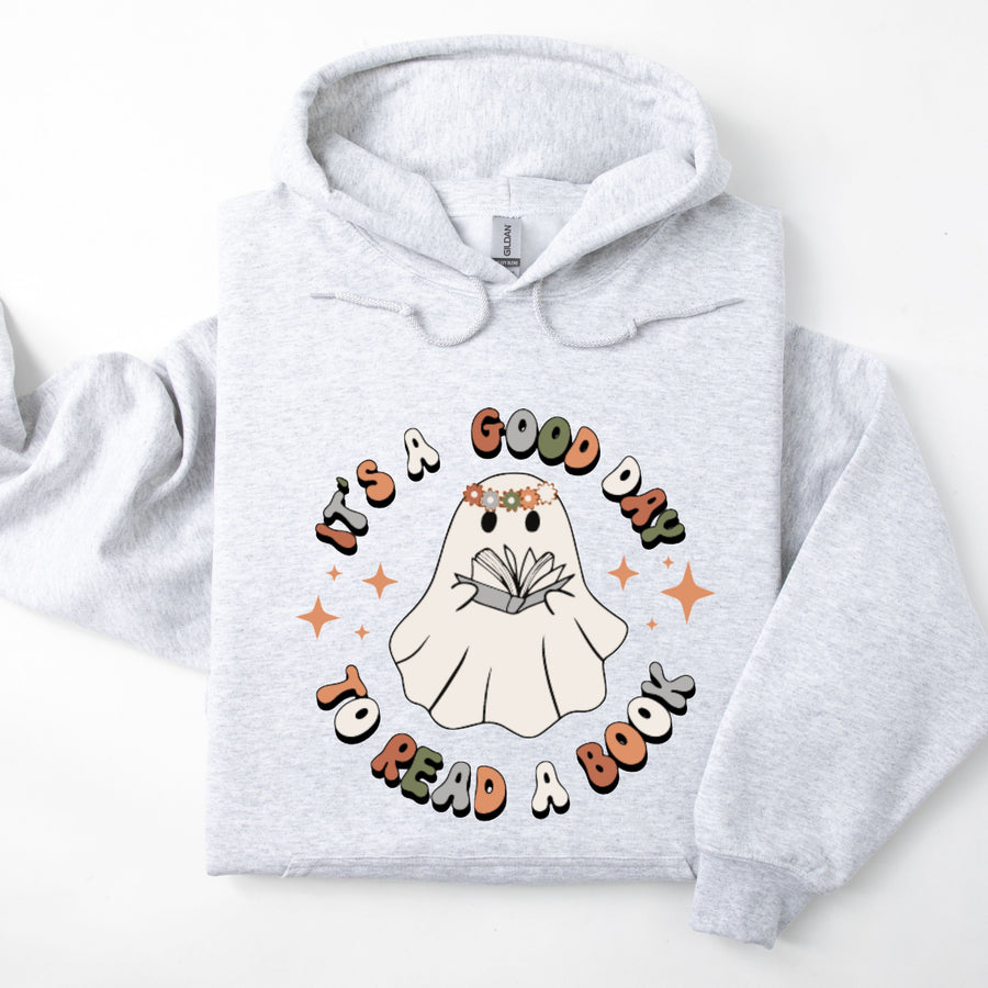 "It's a Good Day to Read a Book" Ash Gray Ghost Hooded Sweatshirt