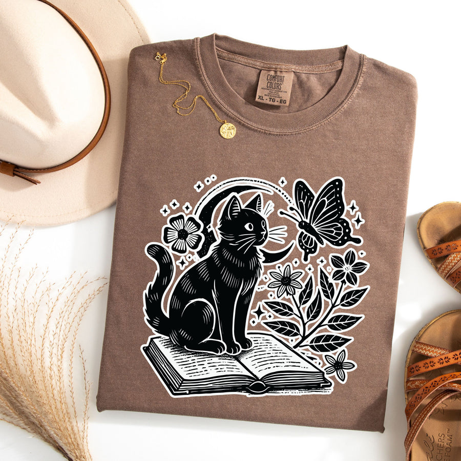 Cat and Book Halloween Cotton T-Shirt