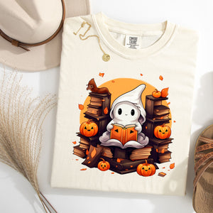 Ghost in the Book Stacks Halloween Cotton T-Shirt