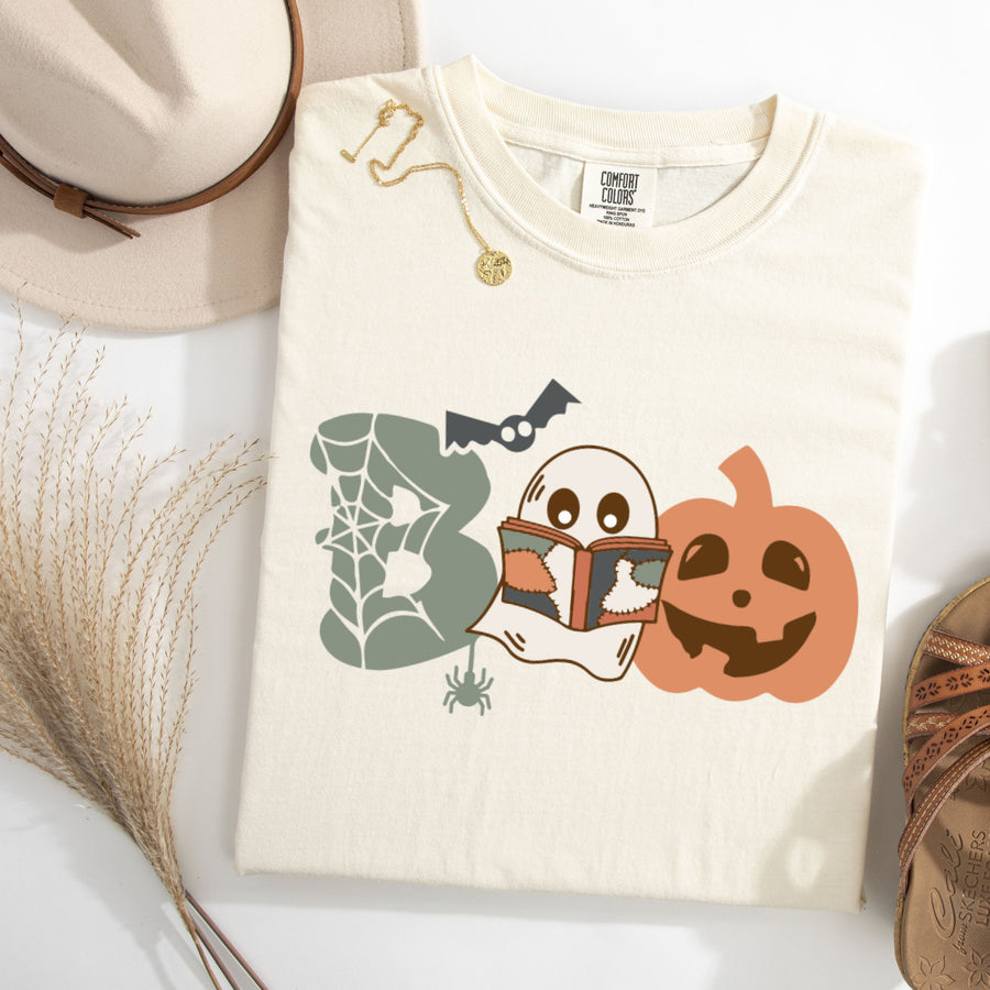 "Boo" Ghost and Pumpkin Cotton Bookish T-Shirt