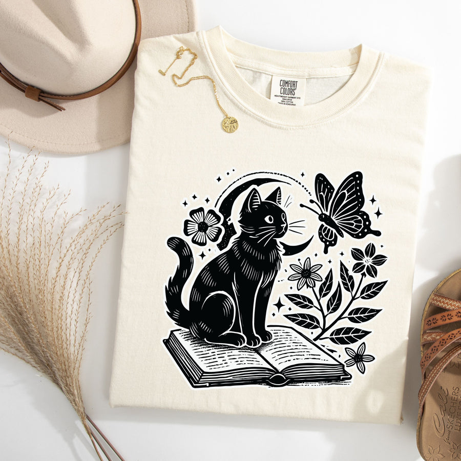 Cat and Book Halloween Cotton T-Shirt