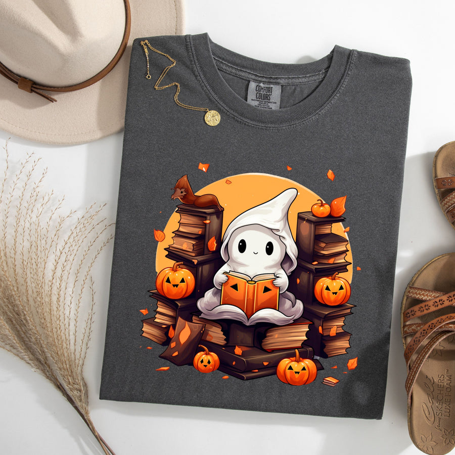 Ghost in the Book Stacks Halloween Cotton T-Shirt