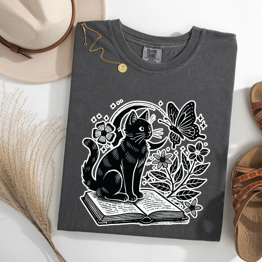 Cat and Book Halloween Cotton T-Shirt