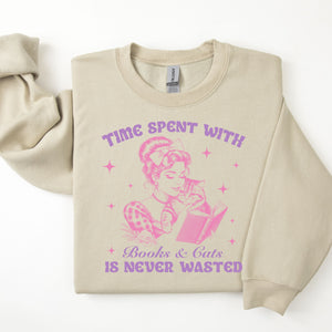 "Time Spent With Books and Cats is Never Wasted" Sweatshirt for Book Lovers