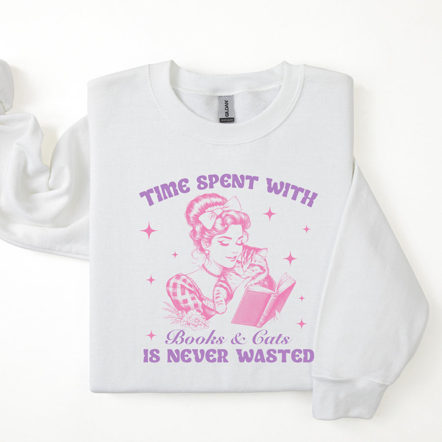 "Time Spent With Books and Cats is Never Wasted" Sweatshirt for Book Lovers